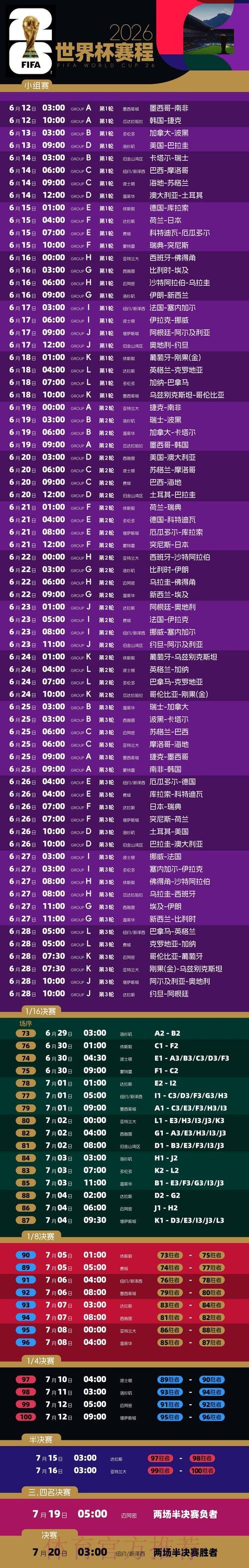 2026世界杯每日赛程今日完整安排免费观看